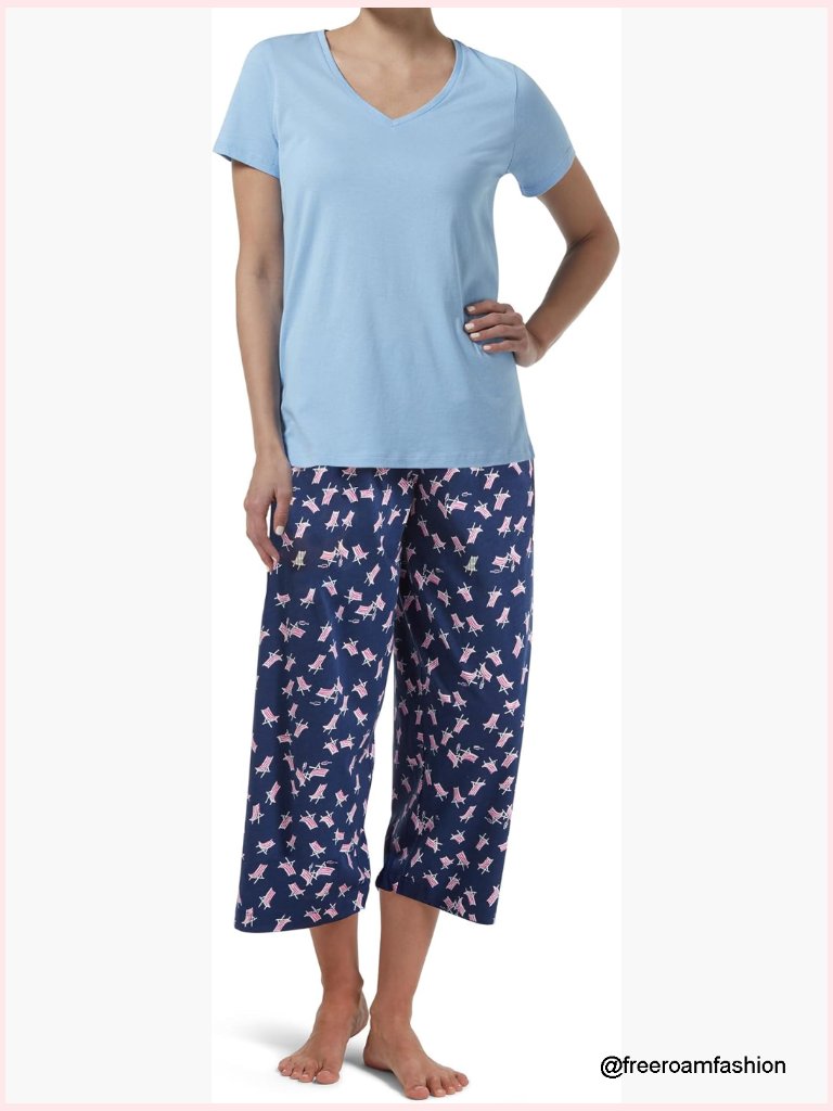 Women's 2-Piece Pajama Set V-Neck Tee & Capri Pant